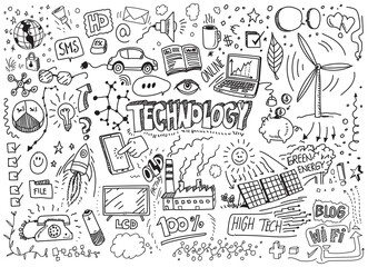 Technology hand drawn doodles on white paper