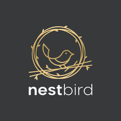 Nest bird nature leaf line outline logo design icon Premium