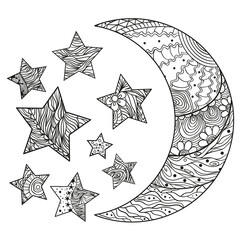 Wall Mural - Crescent on white. Moon and stars with abstract patterns on isolation background. Zentangle. Design for spiritual relaxation for adults. Black and white illustration for anti stress colouring page