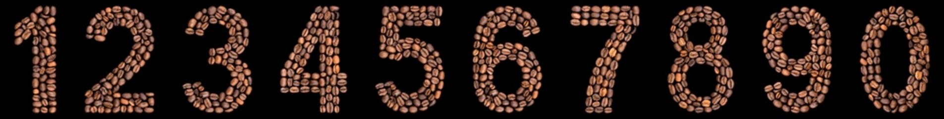 Wall Mural - Set of arabic numbers from natural roasted coffee beans, isolated on black background