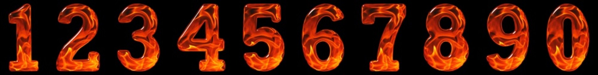 Set of arabic numbers, emitation flame texture, 3D illustration, isolated on black background