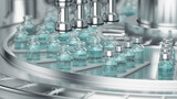 Fototapeta  - 3d render. Pharmaceutical manufacture background with glass bottles with clear liquid on automatic conveyor line. COVID-19 mRNA vaccine production platform.