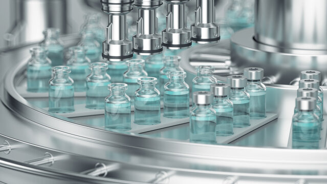 Wall Mural -  - 3d render. Pharmaceutical manufacture background with glass bottles with clear liquid on automatic conveyor line. COVID-19 mRNA vaccine production platform.