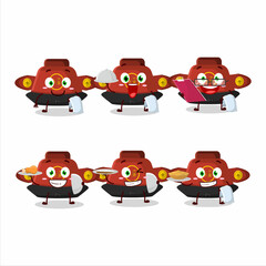 Canvas Print - happy red chinese hat waiter cartoon character holding a plate