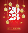 Happy new year 2023. White paper numbers with golden Christmas decoration and confetti on red background. Holiday greeting card design. Illustrator