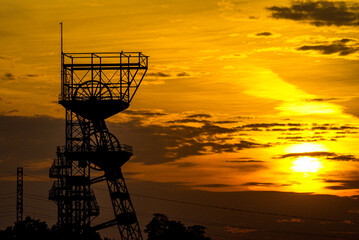 A headframe in a coal mine at sunrise. Katowice, Poland