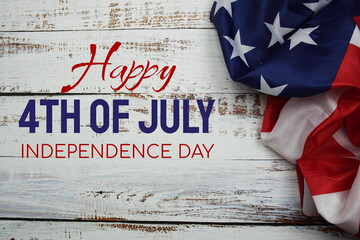 Wall Mural - Happy 4th of July Independence Day message with American flag on wooden background