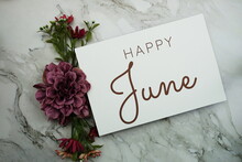 Happy June Text With Pink Flower Bouquet On Marble Background