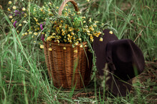 A Bouquet Of Yellow-blue Wildflowers In A Wicker Basket And A Black Hat In The Field. Copy Space. Selective Focus