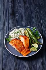 Canvas Print - fried salmon fish fillet with rice and asparagus