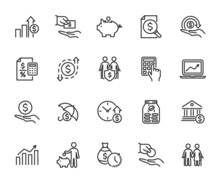 Vector Set Of Money Income Line Icons. Contains Icons Profit, Expenses, Income Tax, Pension Fund, Piggy Bank, Loan, Income Protection, Profit And Loss And More. Pixel Perfect.