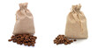 Coffee in a bag on a white background close-up. Drink, grain, food, wallpaper
