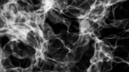 White smoke pattern isolated on black, abstract background with glowing plasma texture, 3D render illustration.