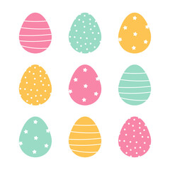 Wall Mural - Set, collection of cute colorful decorated easter eggs with dots, stars and stripe ornaments.