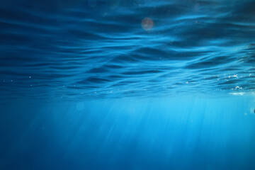 Wall Mural - ocean underwater rays of light background, under blue water sunlight