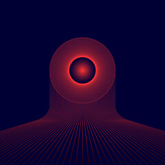 Poster - Red circle over lines to horizon on dark background.