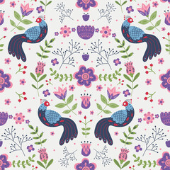 Wall Mural - Vector seamless pattern with various birds, flowers and leaves with different folk ornaments. Composition in scandinavan style. Ethnic flat illustration with nordic detailed in trendy colors