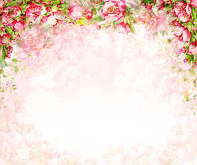  Abstract, floral background, pink flowers and green leaves. Watercolor hand drawn illustration.