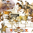 American cowboy and cows seamless drawing. Running horse. Wild west. watercolor tribal texture. Western illustration.