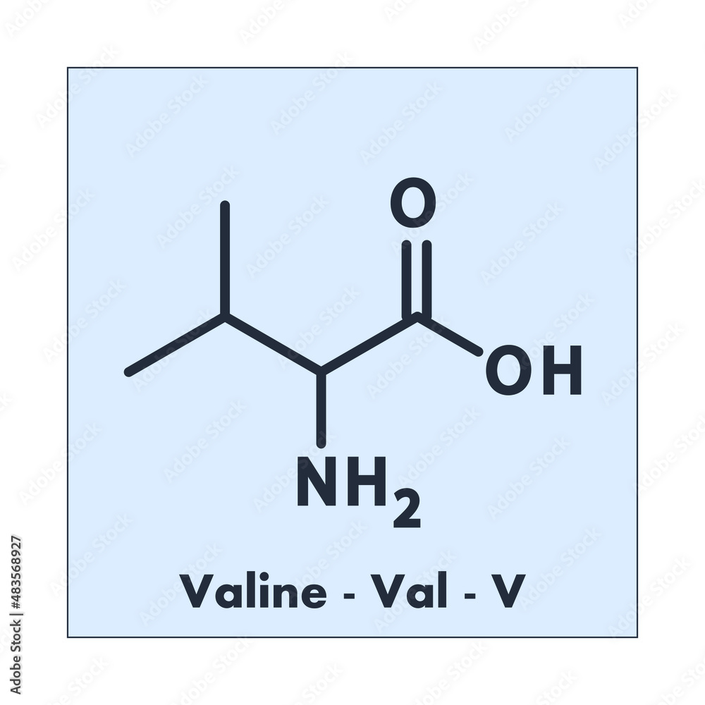 Valine - Val - V - Essential Amino Acid molecular formula, flat chemical structure on blue background for chemistry and biology education.
