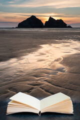 Canvas Print - Digital composite image of Absolutely beautiful landscape images of Holywell Bay beach in Cornwall in pages of imaginary open reading book