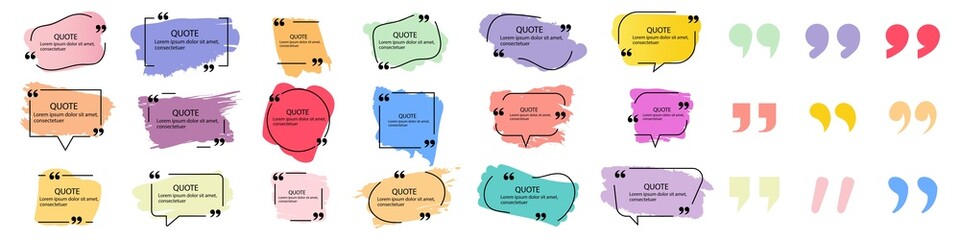 Wall Mural - Collection of quote box frames and icons. Text in brackets. Blank template of quote remarks. Empty speech and quote bubbles of different forms. Textbox on color background. Vector illustration. EPS 10