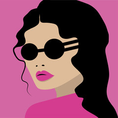 Sticker - Portrait of young brunette girl in sunglasses. flat vector illustration.