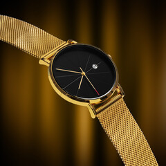 Poster - A photo of a watch with golden metal strap isolated on gold gradient background