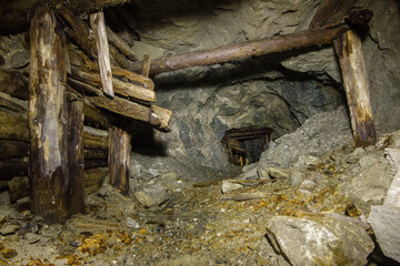 Poster - Underground gold mine tunnel with wooden timbering