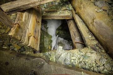 Poster - Underground gold mine tunnel with wooden timbering