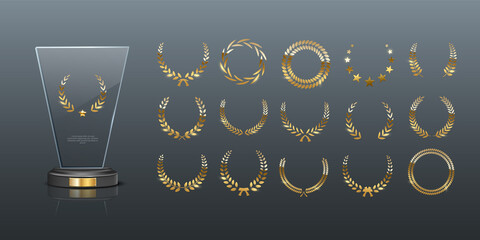 glass award with gold laurel wreath, 3d realistic acrylic mockup prize for winner