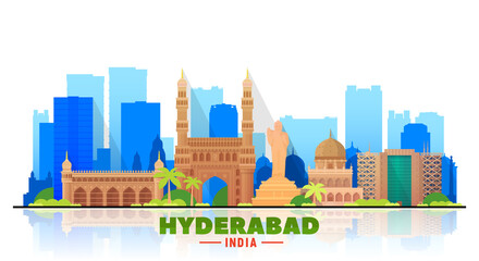 Wall Mural - Hyderabad India skyline with panorama in white background. Vector Illustration. Business travel and tourism concept with modern buildings. Image for banner or web site.