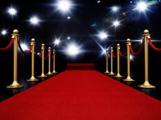 Wall Mural - Night illuminated with flashlights, red carpet and velvet ropes 3D illustration