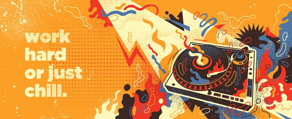 Abstract lifestyle background design with turntable and colorful splashing shapes. Vector illustration.