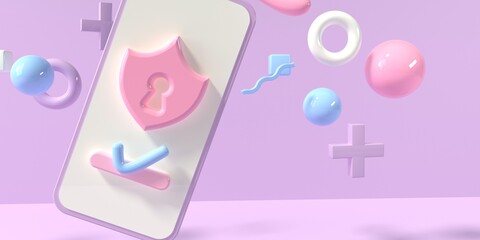 Poster - Cyber security theme with a smartphone and geometric shapes - 3D render