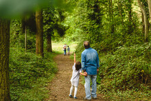 Girl And Grandfather Walk Together On A Path Through Green Trees