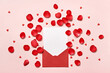 Red envelope with Romantic love letter mockup, Rose petals and hearts on pink background