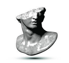 Vector black and white circle halftone broken classical style head sculpture fragment from 3d rendering isolated on white background. 