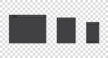 Wall Mural - Web browser window mockup set. Black resume. Transparent background. Desktop, tablet and mobile template of browser.Vector illustration.