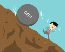 Businessman Running Away From Big Debt Stone Rolling Down From The Mountain Cartoon Vector