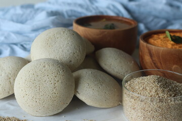 Steamed Little millet cakes or little millet idli. Made with a fermented batter of little millet, lentils. Served with coconut chutney