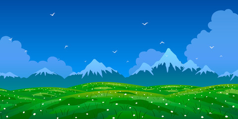 Spring vector landscape. Mountains and flowering meadow. Abstract flat illustration.