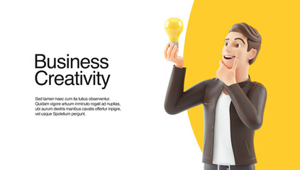 3d cartoon man looking at light bulb web banner
