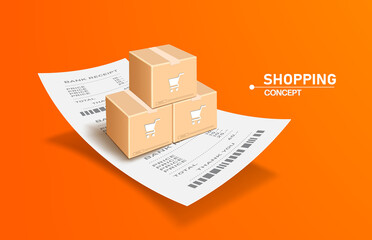 Canvas Print - Parcel box with shopping cart icon on box placed on receipt paper and all object on orange background,vector 3d for delivery and online shopping advertising conceptdesign