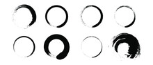 Set Of Grunge Circle Brush Strokes. Black Round Frames. Elements For Design. Vector Illustration Isolated On White Background. EPS 10