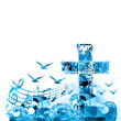 Christian cross isolated with musical notes, waves and seagulls vector illustration. Religion themed background. Design for gospel church music, choir singing, concert, festival, Christianity, prayer