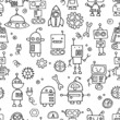 vector seamless pattern. drawings in doodle style. cute robots, simple illustration for kids. black and white robots, technology of the future