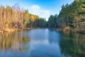 Wall Mural - Picturesque autumn landscape by the forest lake.