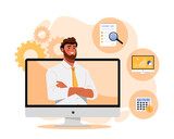 Fototapeta Dinusie - Analytics investment icons. Man stands with crossed arms at monitor screen. Financial literacy and successful entrepreneur. Business development training, webinar. Cartoon flat vector illustration