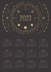 Wall Mural - vector celestial vertical year 2023 calendar with golden magical ornate radial circles, moon phases,